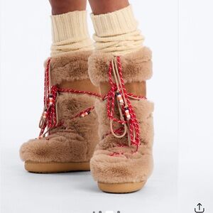 Fashion Nova Tan Faux Fur Kids Boots with Red Accents